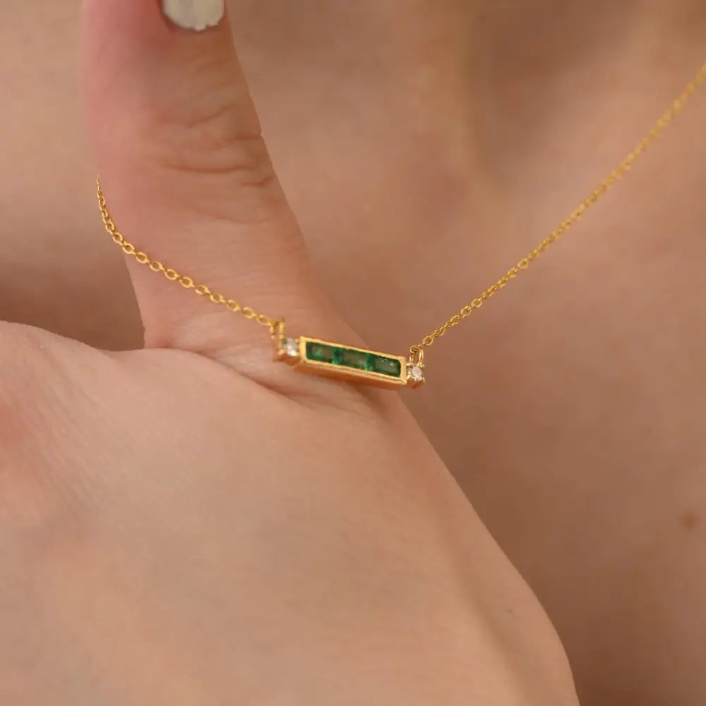 Fashionable Natural Emerald & Diamond 14K Yellow Gold Long Chain Necklace