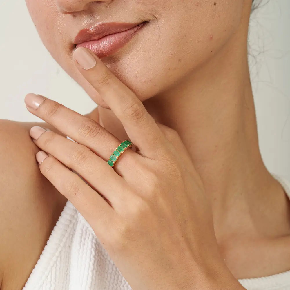Zambian Emerald Gemstone Stacking Half Eternity Band Ring 14K Solid Yellow Gold Jewelry