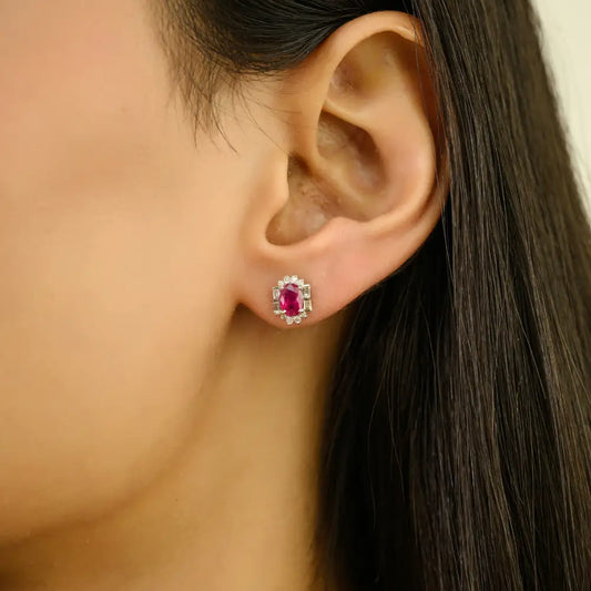 Inspired By Art Deco July Birthstone Ruby & Diamond 14K Real White Gold Halo Stud Earrings