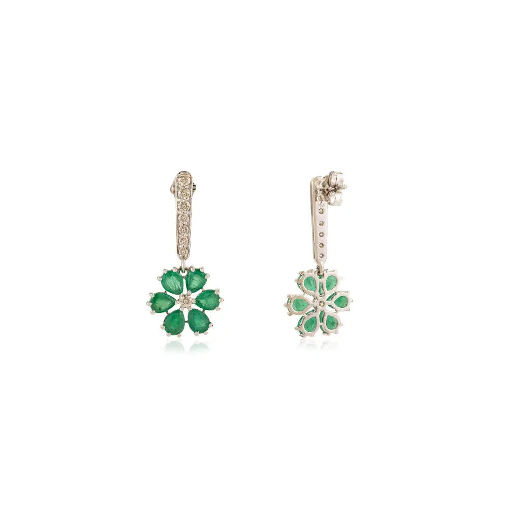 18K White Gold Emerald & Diamond Floral Drop Earrings Handmade May Birthstone Jewelry