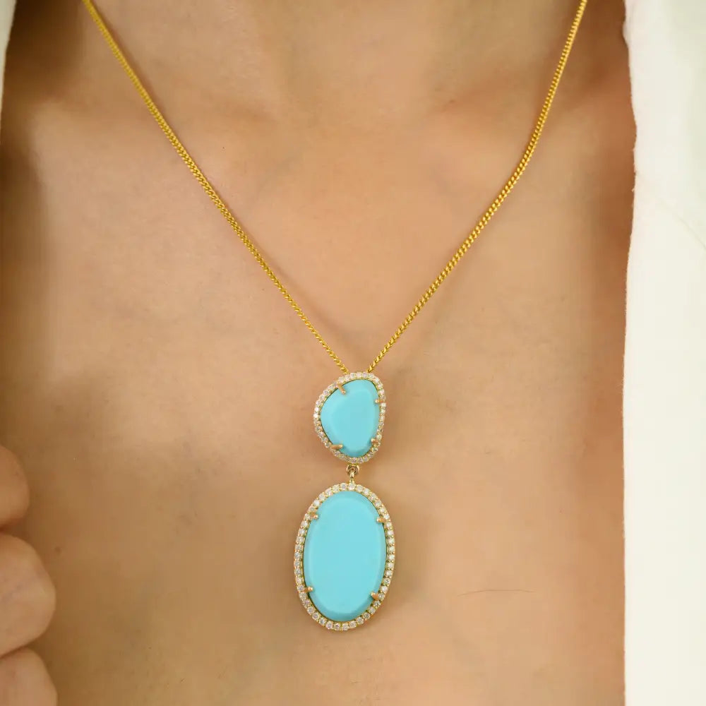 Natural Turquoise & Diamond Halo Statement Pendant For Women 14K Yellow Gold Wedding Jewelry