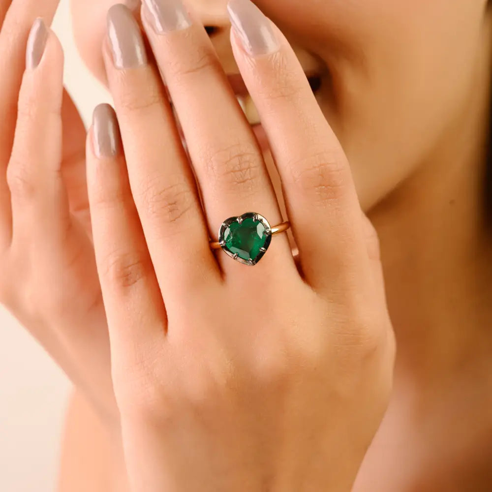 2.37 Ct. Emerald Black Rhodium Plated Heart Shape Ring Proposal Jewelry 18K Solid Yellow Gold