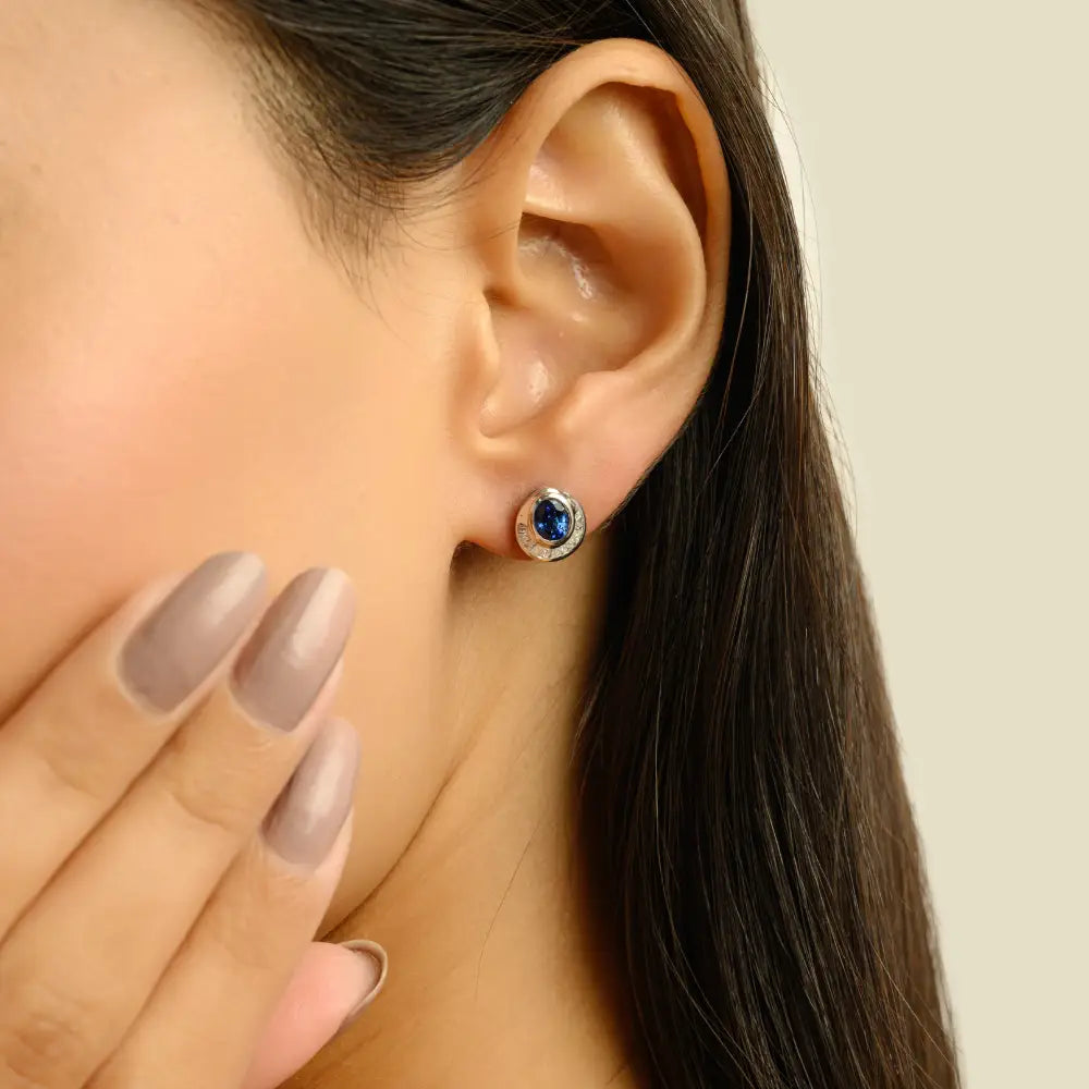 Exquisite Design Blue Sapphire & Diamond K14 White Gold Unique Stud Earrings For Women