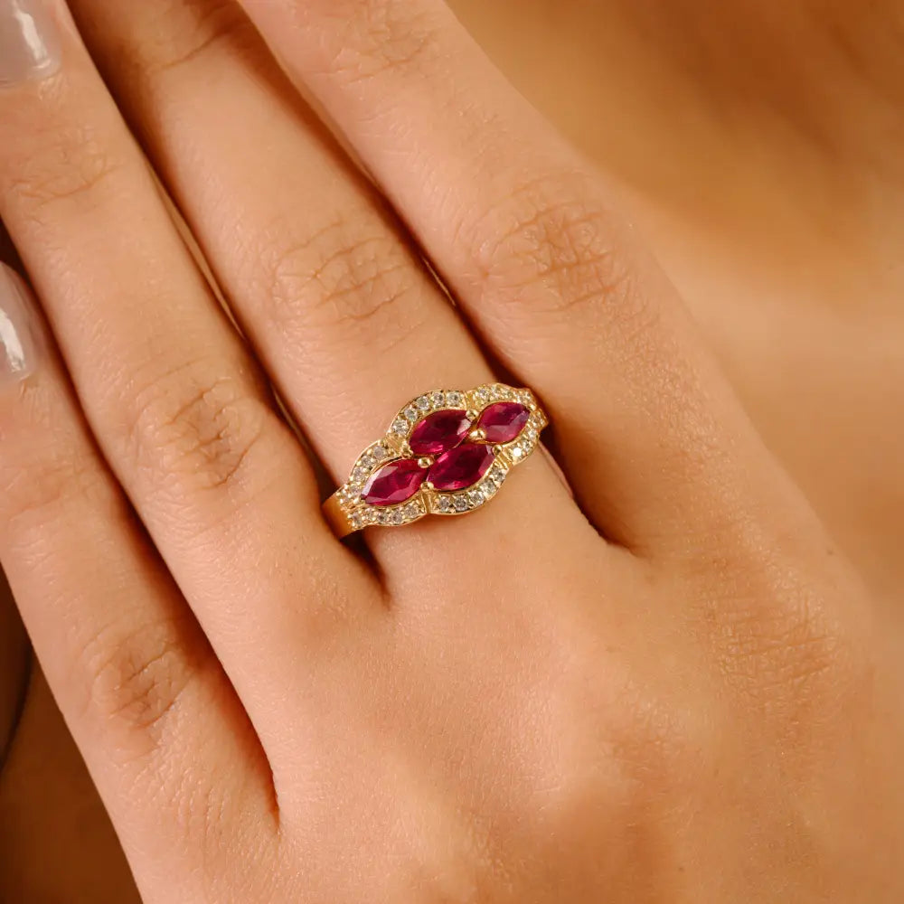 Unique Design 14K Real Yellow Gold Ruby & Diamond Vintage Gemstone Ring Wedding Gift