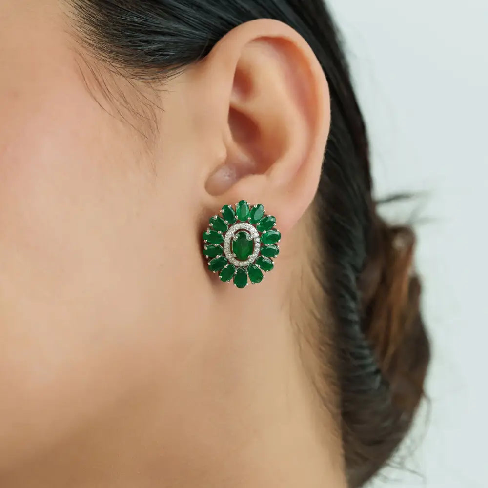 Floral Inspired Zambian Emerald & Diamond Halo Statement Stud Earrings 14K White Gold