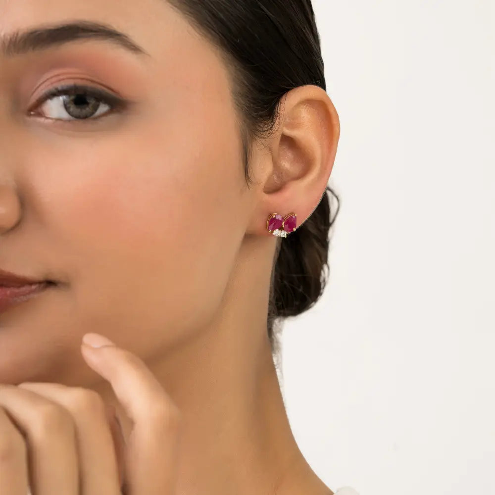 Latest Design Ruby & Diamond Small Gemstone Stud Earrings 14K Real Yellow Gold Fine Jewelry