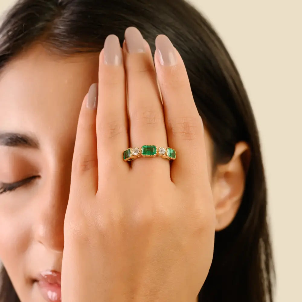Pinion Bezel Set Emerald & Diamond Half Eternity Band Ring For Unisex 14K Real Yellow Gold