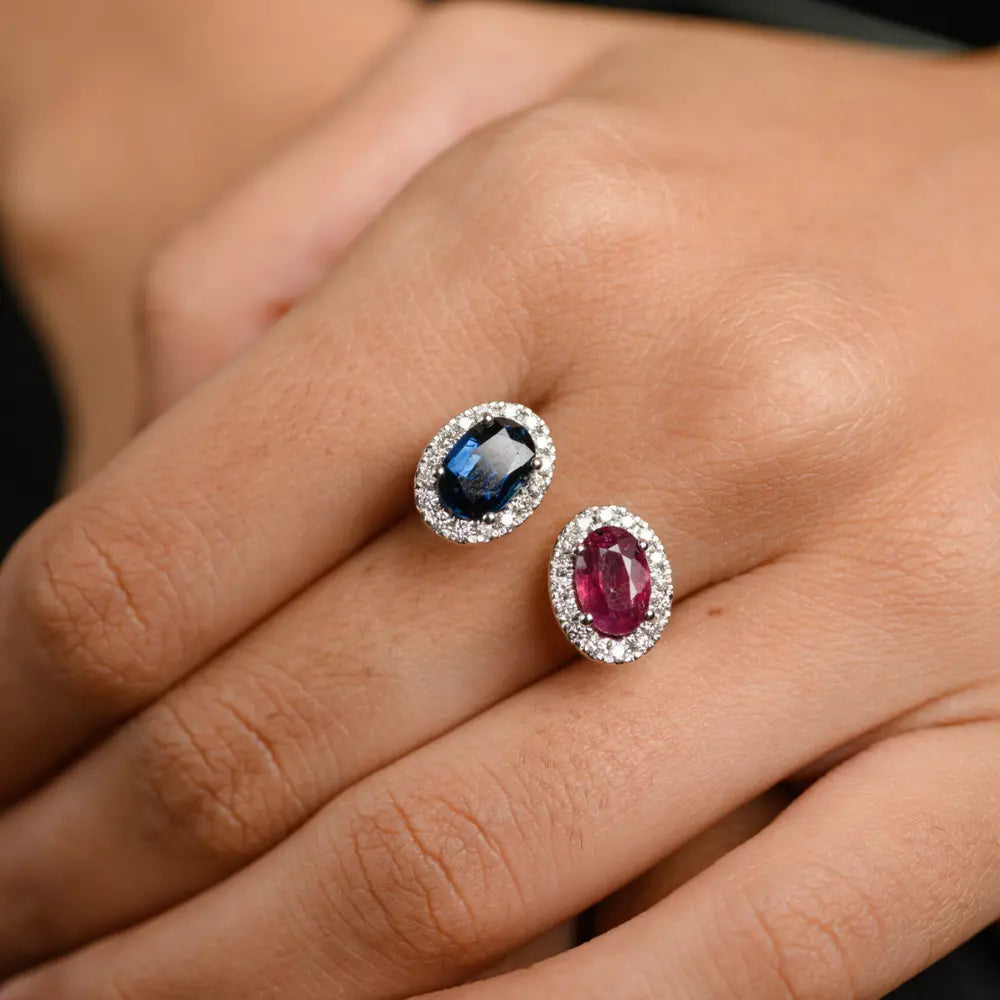 Handmade Jewelry Natural Sapphire, Ruby & Diamond 18K Solid White Gold Adjustable Band Ring