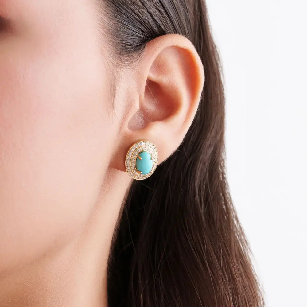 9x6mm Oval Cut Turquoise & Diamond Handmade Double Halo Stud Earrings 14K Yellow Gold