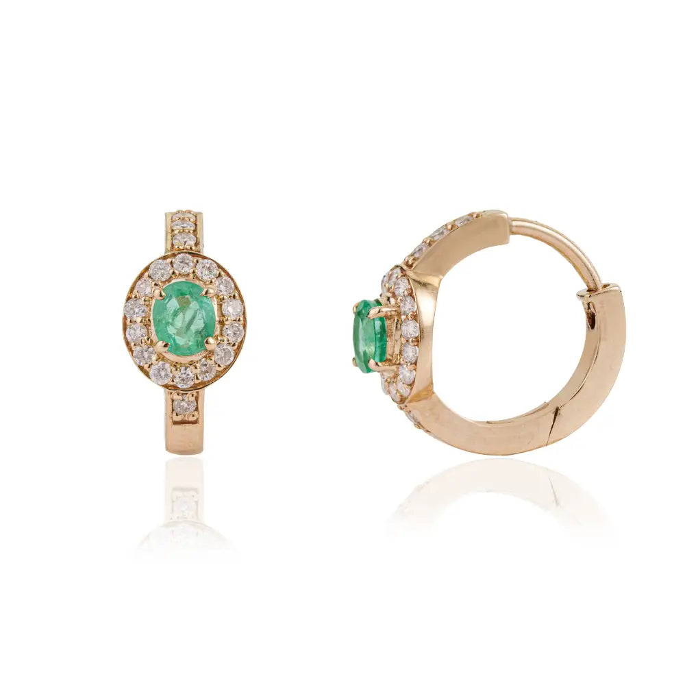 Latest Dainty Design Emerald & Diamond 14K Yellow Gold Mini Hoop Earrings Daily Wear Jewelry
