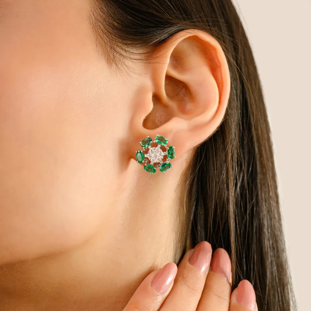 Latest Design Emerald & Diamond Flower Shape Stud Earrings Wholesale 14K Gold Jewelry