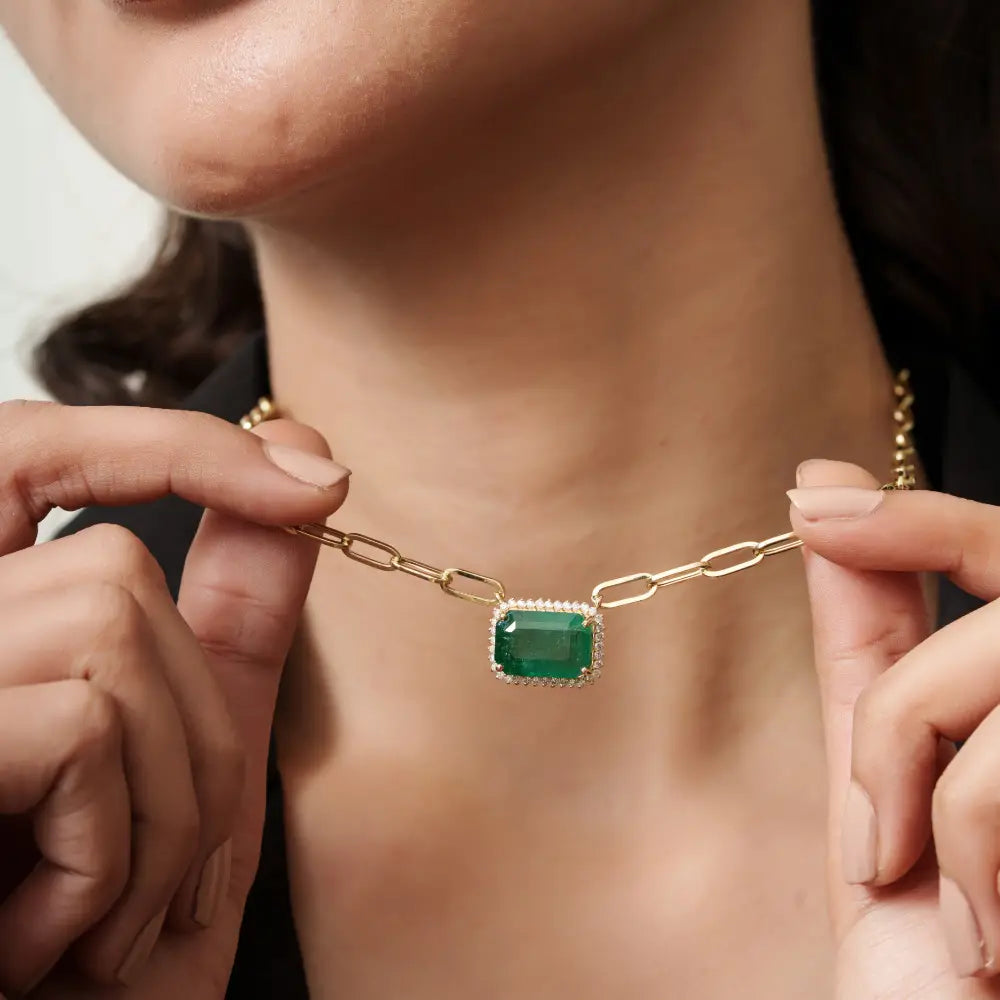 14K Real Yellow Gold Emerald & Diamond Paperclip Chain Cluster Pendant Necklace For Women