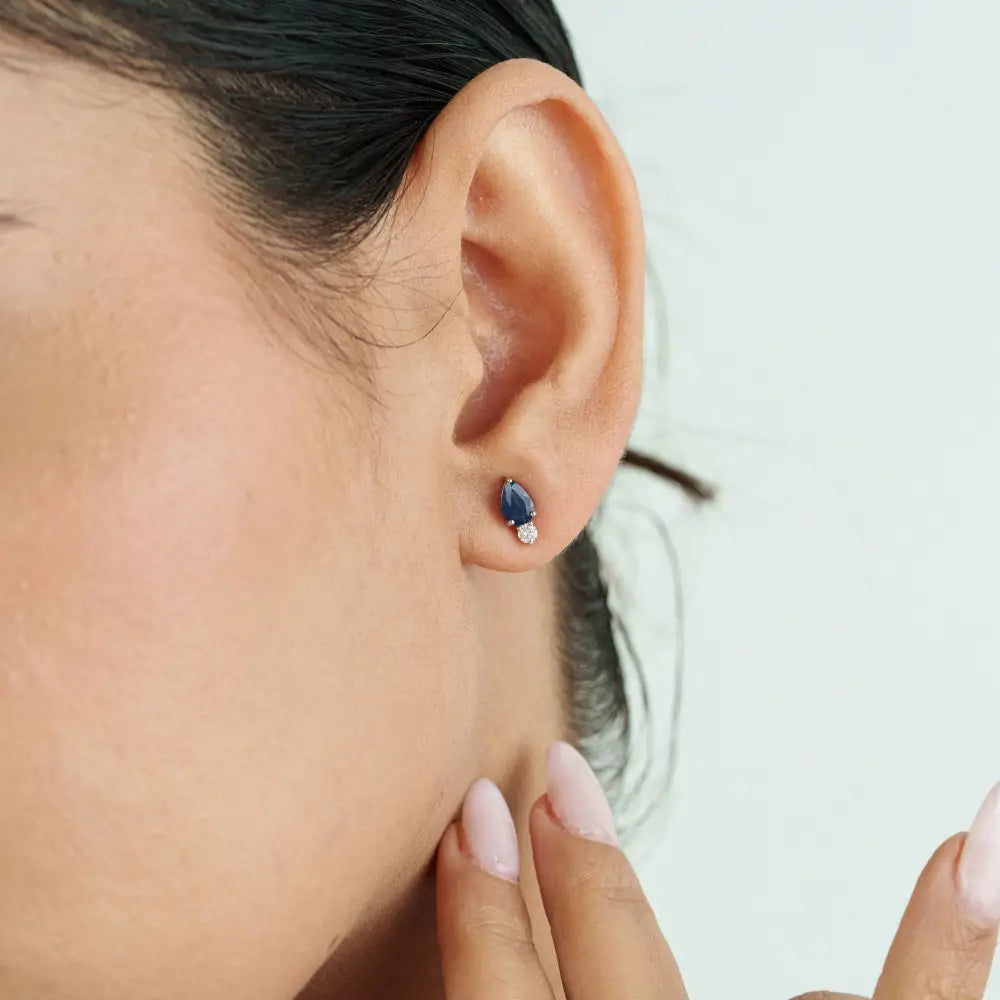 6x4mm Pear Cut Blue Sapphire & Diamond Small Dainty Stud Earrings 14K White Gold Jewelry
