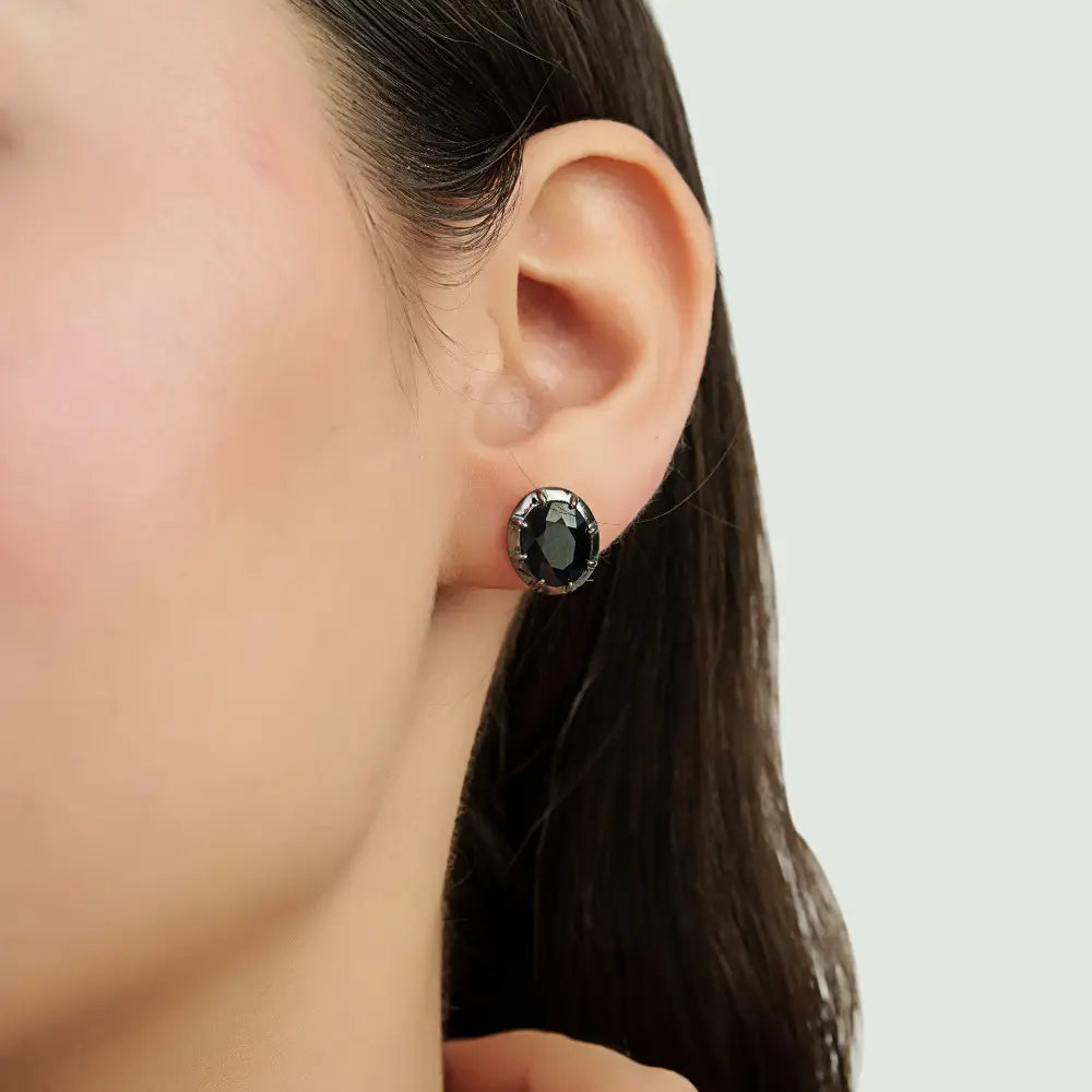 Solid 14K Yellow Gold Blue Sapphire Black Rhodium Plated Solitaire Stud Earrings Fine Jewelry