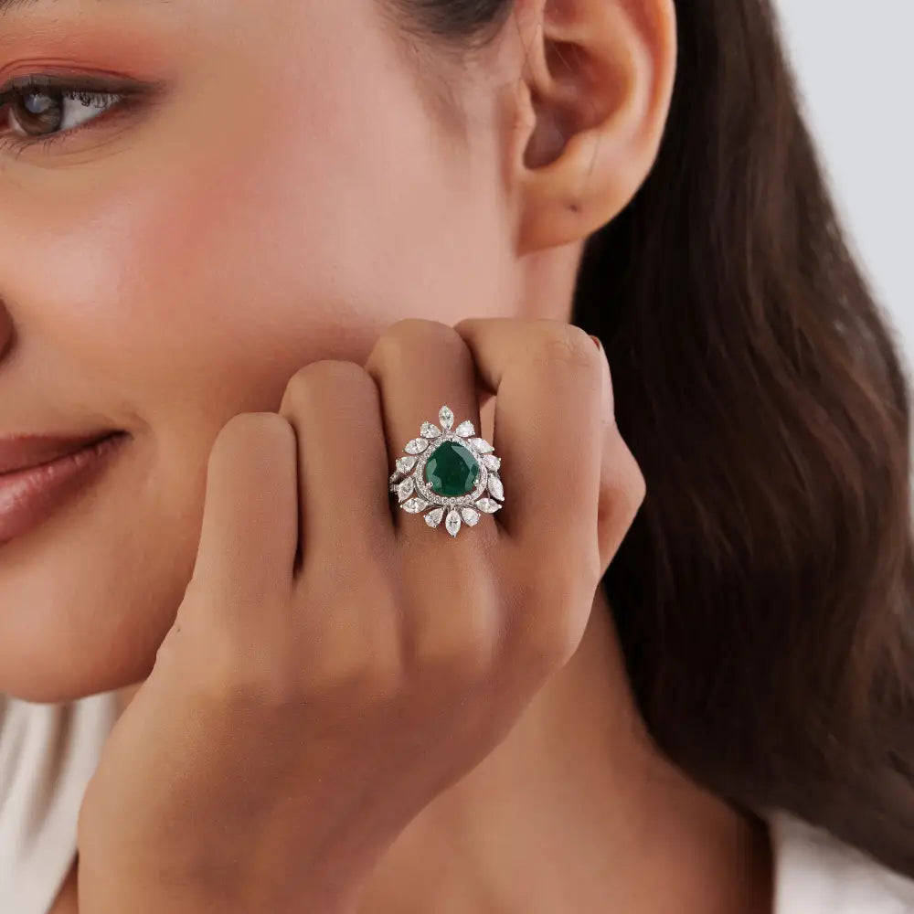 Luxurious Emerald & Diamond 18K White Gold Bold Statement Ring Bridal Wedding Jewelry