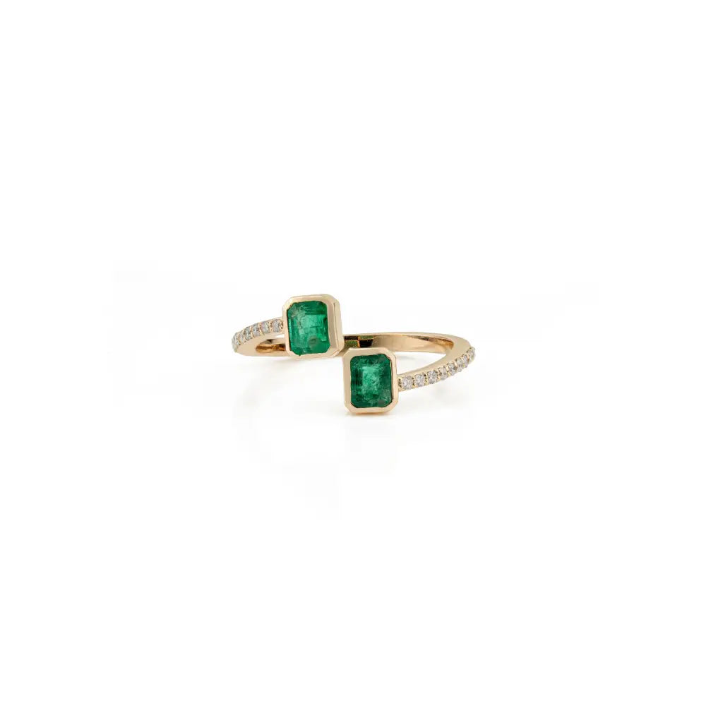 4x5 mm Octagon Cut Emerald & Diamond Open Bypass Ring Minimal 14K Yellow Gold Jewelry