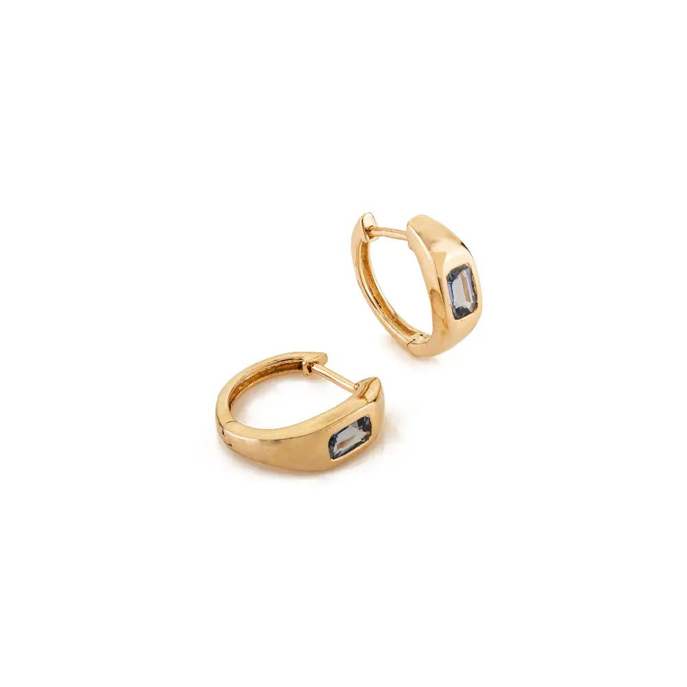 Gypsy Set Blue Sapphire K14 Yellow Gold Minimal Huggie Hoop Earrings Everyday Jewelry