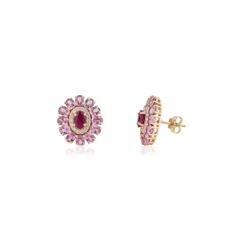 Ruby Pink Sapphire & Diamond Statement Floral Shape Halo Stud Earrings 14K Pure Yellow Gold