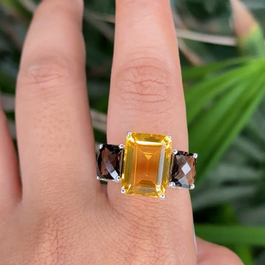 Wholesale Birthstone Jewelry Natural Citrine & Smoky Quartz Three Stone Ring Set In Prong Setting