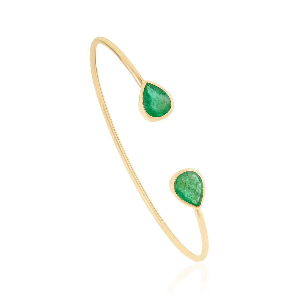 Real 14K Yellow Gold Emerald Gemstone Flexible Cuff Bangle For Unisex Stackable Jewelry