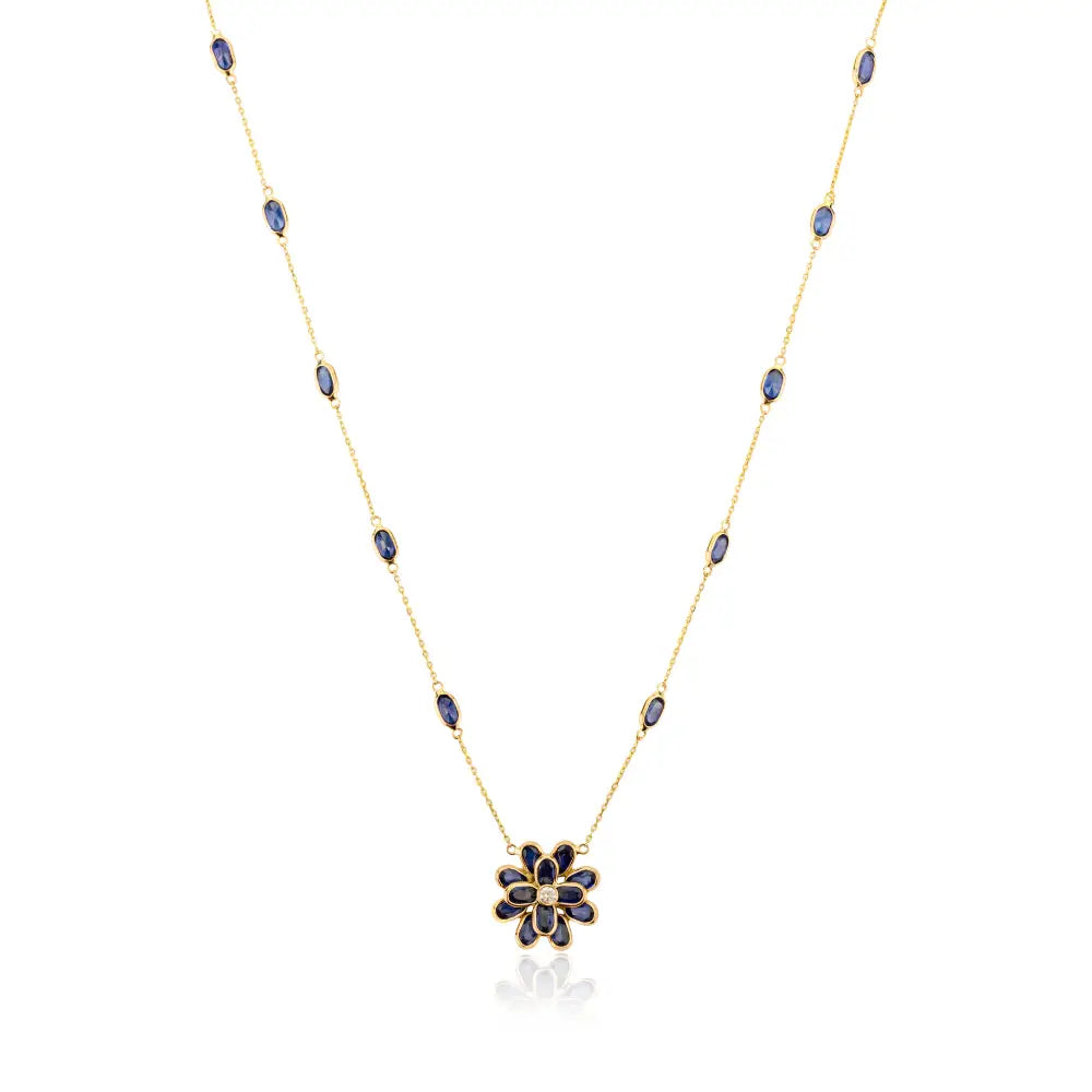 Birthstone Jewelry Solid 14K Gold Blue Sapphire & Diamond Floral Shape Pendant Necklace
