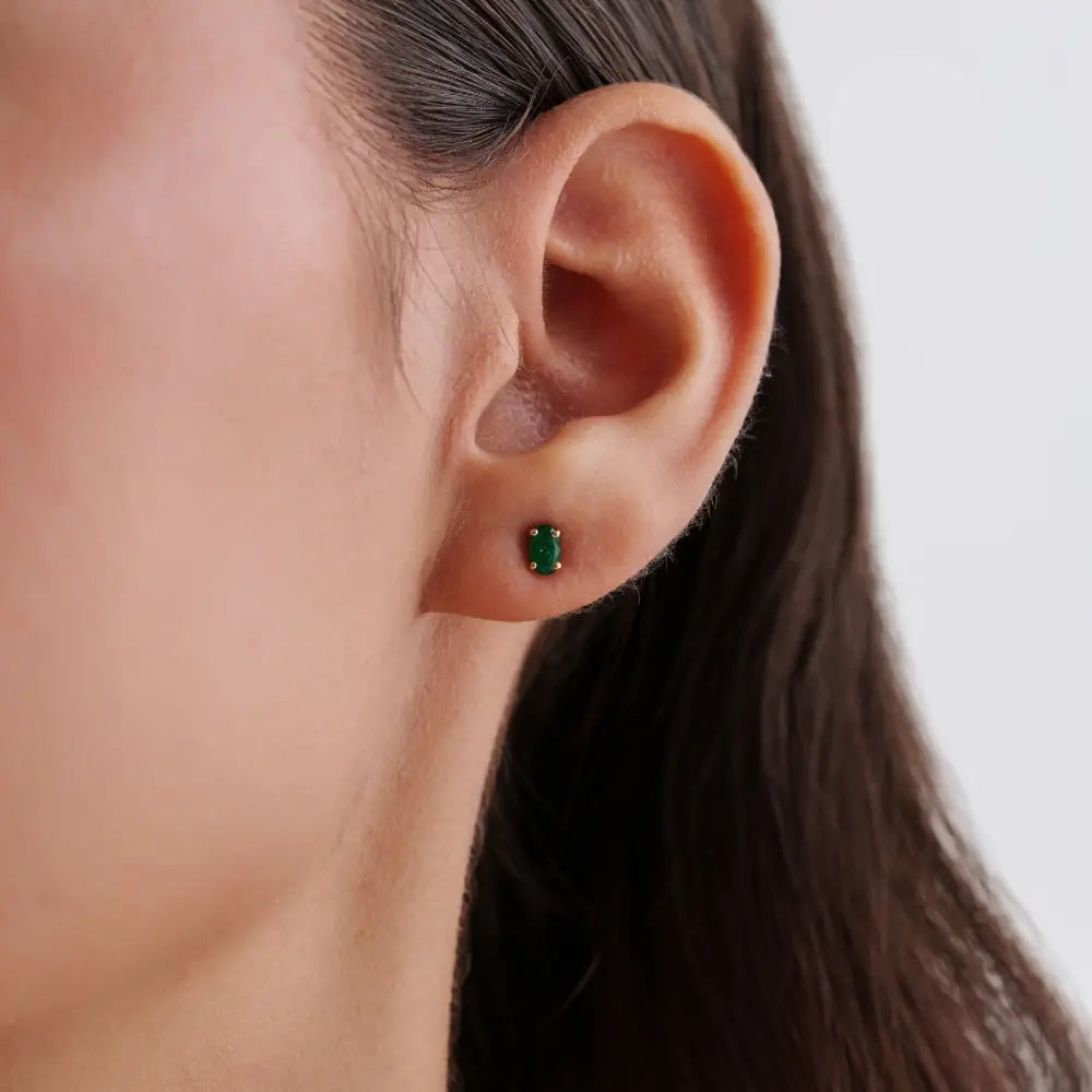 Delicate Design 14K Yellow Gold Genuine Emerald Single Stone Minimal Stud Earrings
