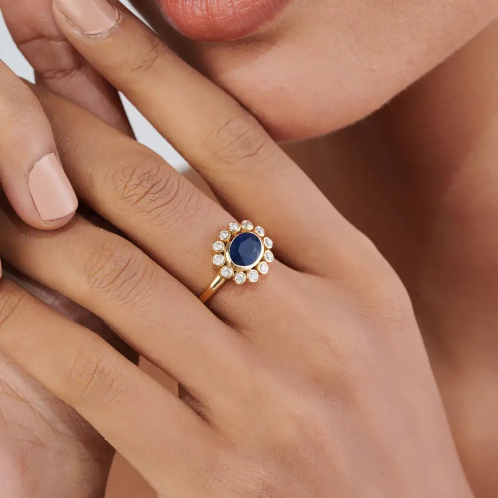 Floral Inspired Blue Sapphire & Diamond East West Cluster Ring Real K14 Yellow Gold Fine Jewelry