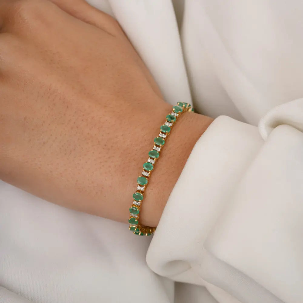 May Birthstone Natural Emerald & Diamond K18 Yellow Gold Bracelet