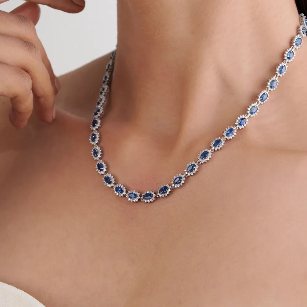 Prong Set Blue Sapphire & Diamond Fine Cluster Tennis Necklace For Women 14K Real White Gold Bold Jewelry