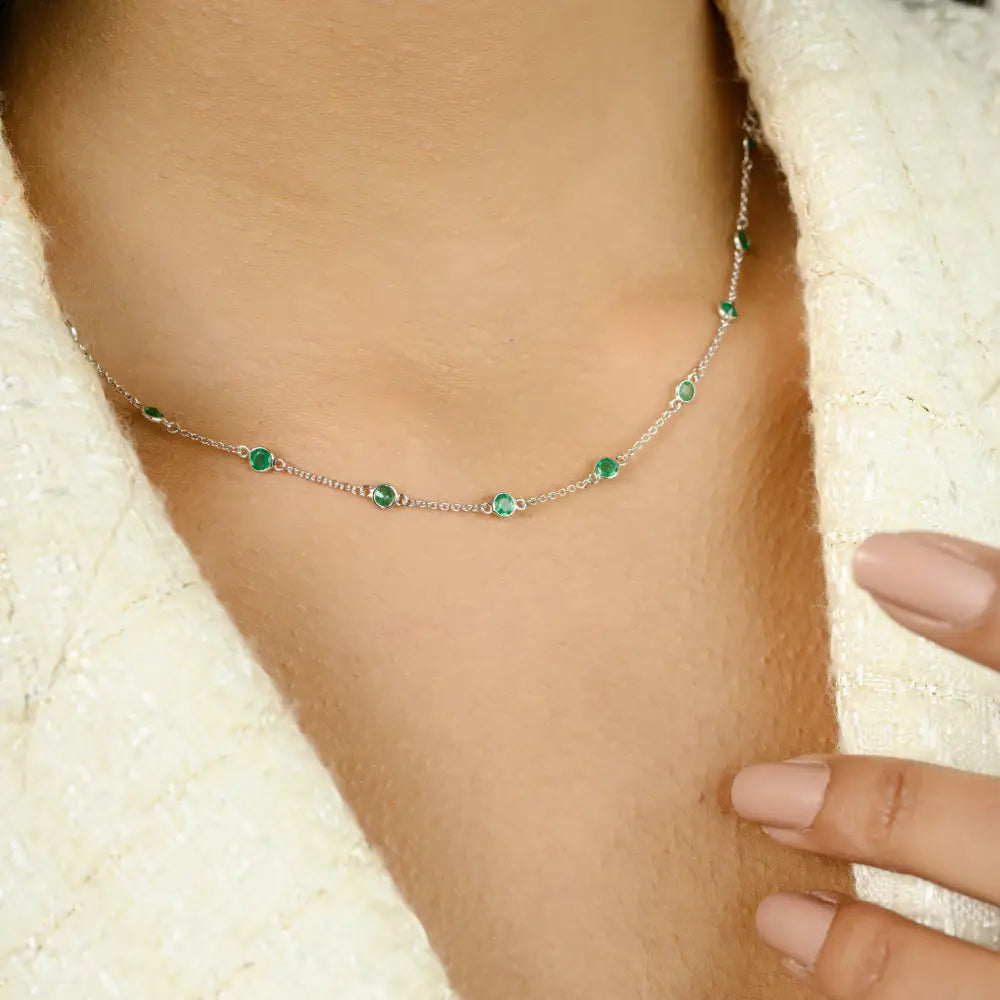 Round Cut Emerald Station Chain Necklace Solid K14 White Gold Stacked Everyday Jewelry