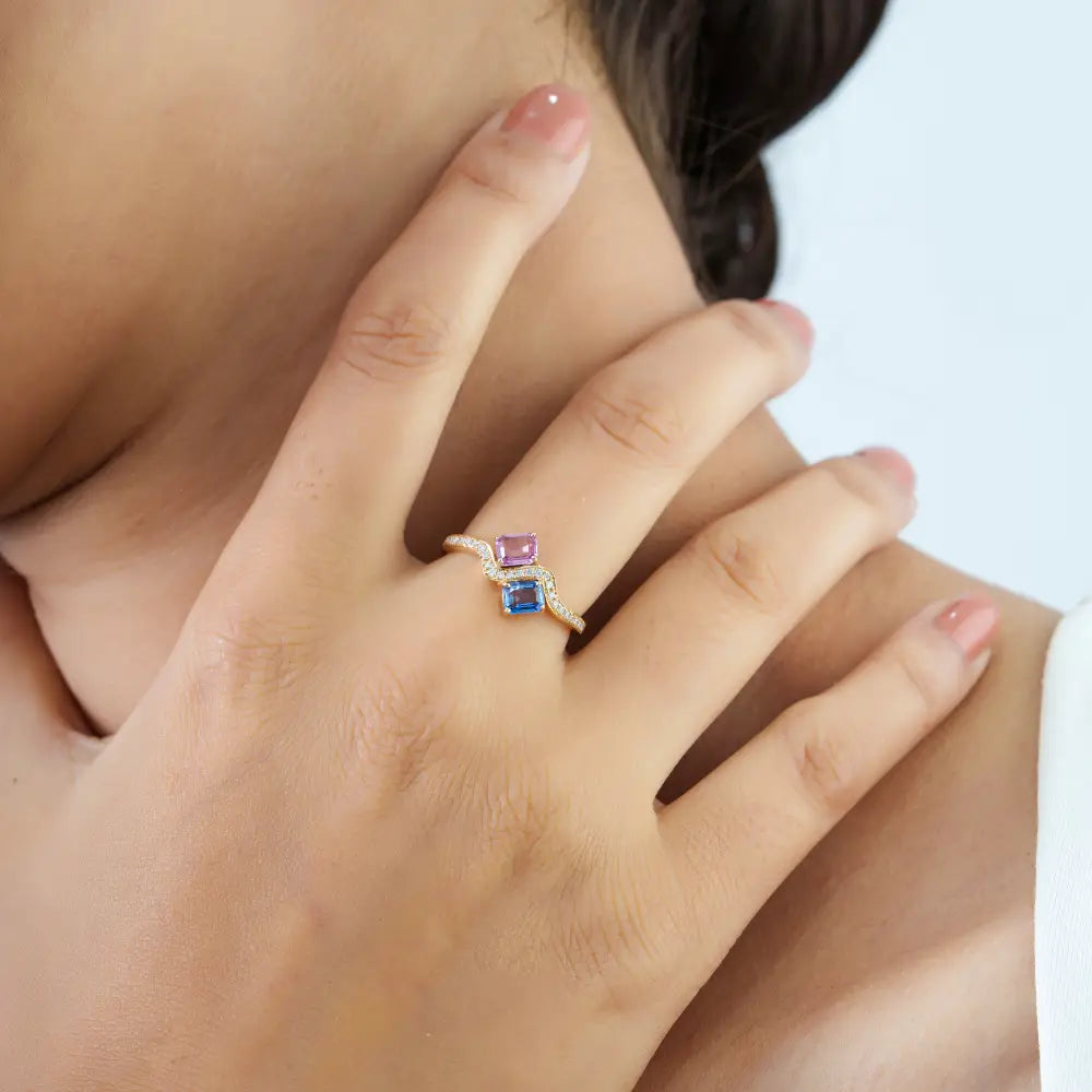 Unique Design Multi Sapphire & Diamond Real K14 Yellow Gold Toi et Moi Wavy Ring