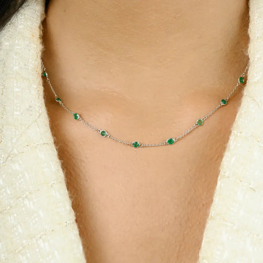 Round Cut Emerald Station Chain Necklace Solid K14 White Gold Stacked Everyday Jewelry