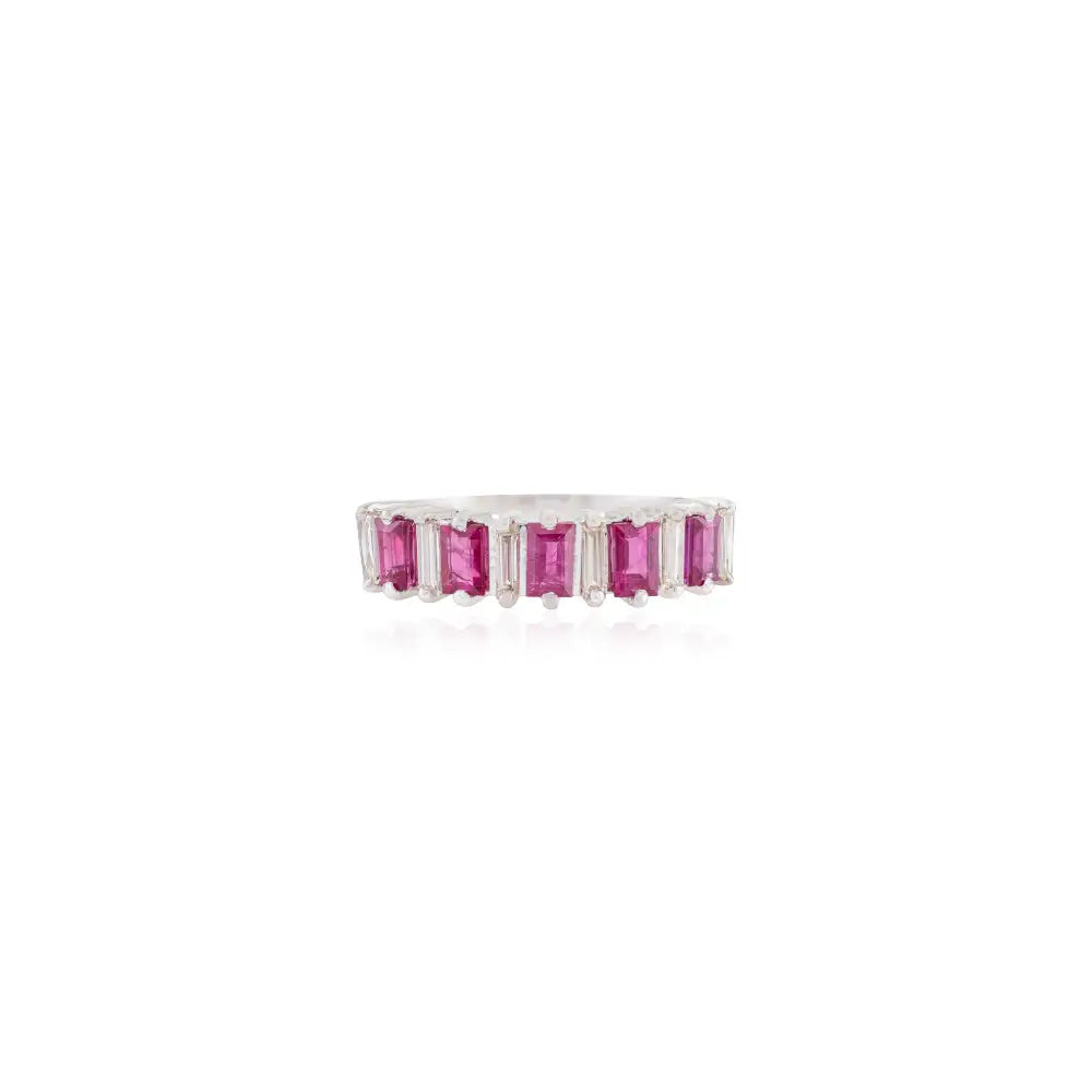 Hot Sale Baguette Cut Ruby & Diamond Half Eternity Band Ring 14K Solid White Gold Jewelry
