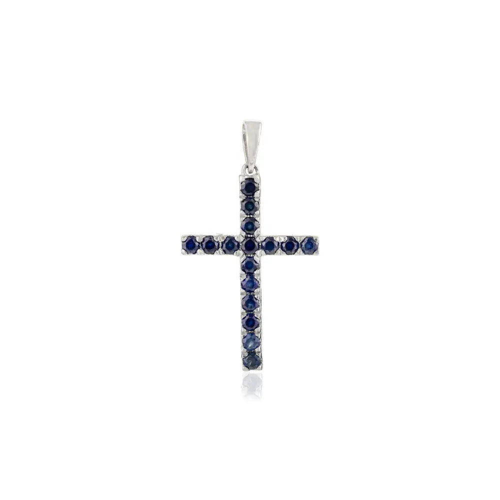 Round Cut Blue Sapphire Cross Pendant For Unisex Religious Jewelry Real K14 White Gold