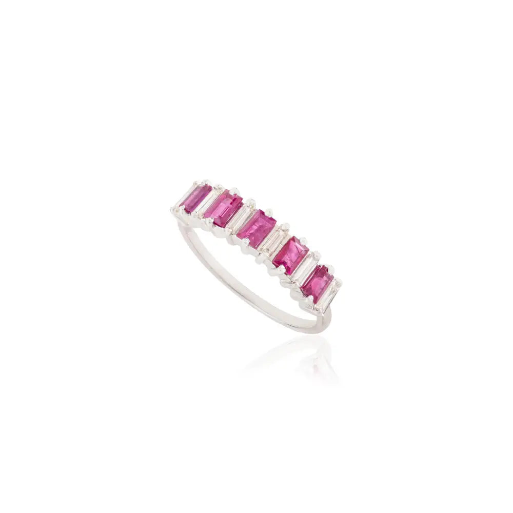 Hot Sale Baguette Cut Ruby & Diamond Half Eternity Band Ring 14K Solid White Gold Jewelry