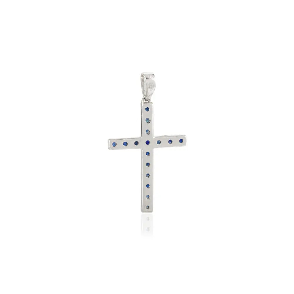 Round Cut Blue Sapphire Cross Pendant For Unisex Religious Jewelry Real K14 White Gold