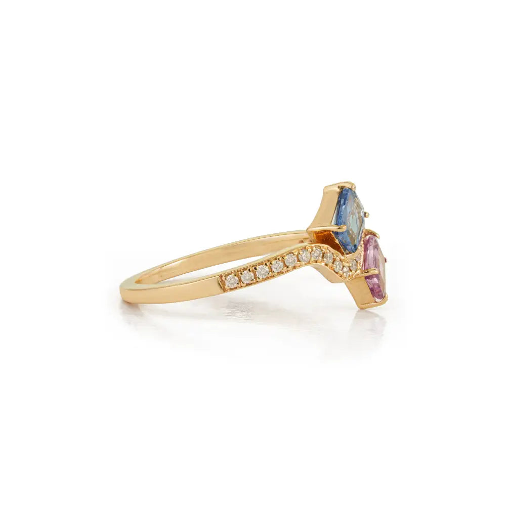 Unique Design Multi Sapphire & Diamond Real K14 Yellow Gold Toi et Moi Wavy Ring