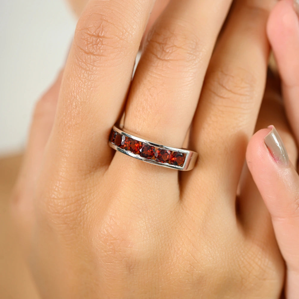 Wholesale Fine Jewelry 925 Sterling Silver Natural Red Garnet Half Eternity Band Ring For Women