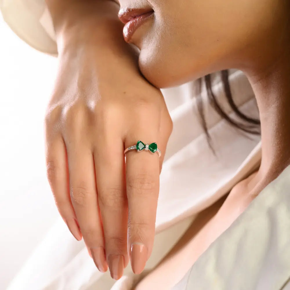 Unique Design 14K Real White Gold Trillion Cut Emerald & Round Diamond Bow Ring For Women