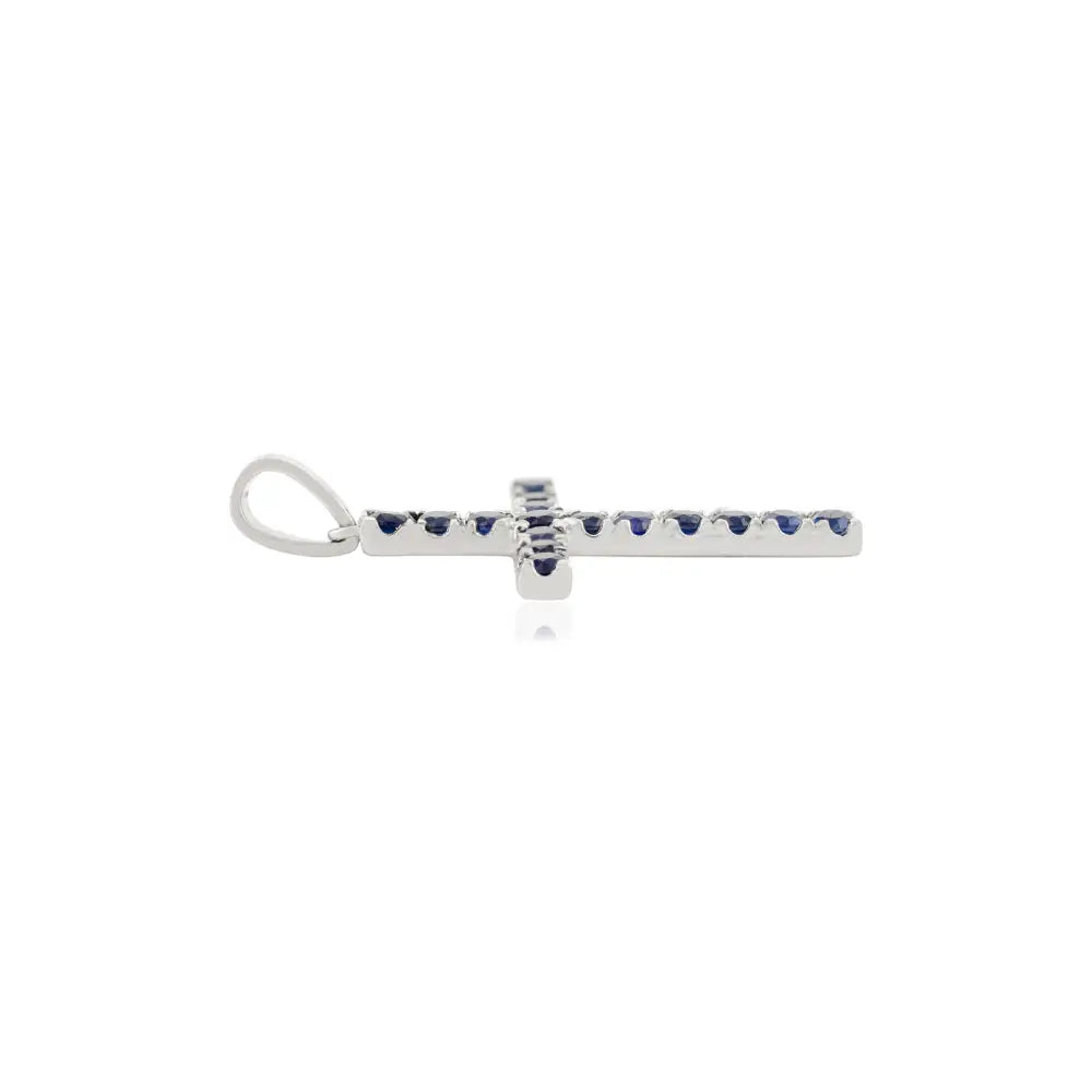Round Cut Blue Sapphire Cross Pendant For Unisex Religious Jewelry Real K14 White Gold