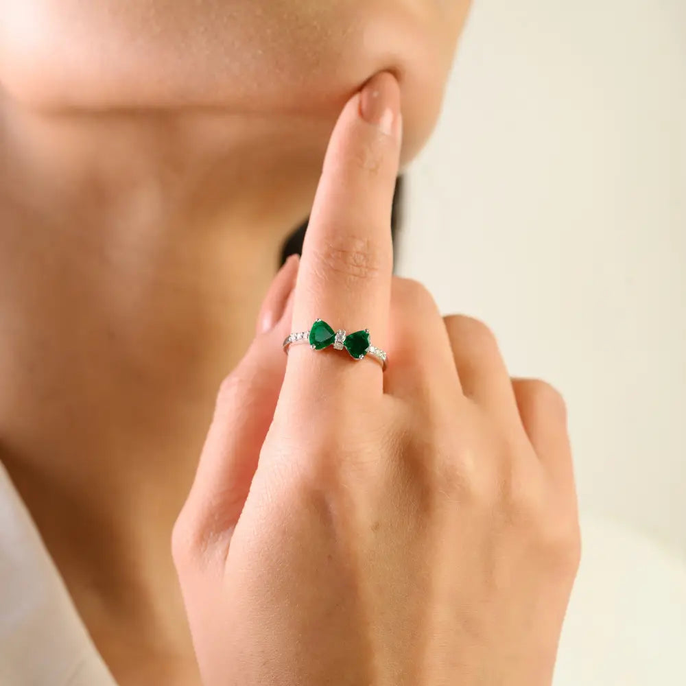 Unique Design 14K Real White Gold Trillion Cut Emerald & Round Diamond Bow Ring For Women