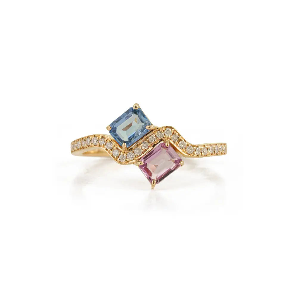 Unique Design Multi Sapphire & Diamond Real K14 Yellow Gold Toi et Moi Wavy Ring