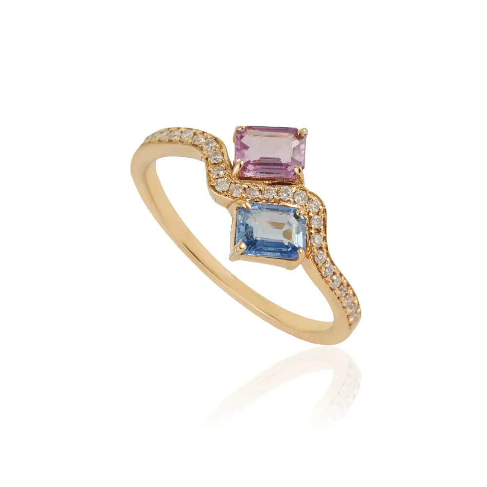 Unique Design Multi Sapphire & Diamond Real K14 Yellow Gold Toi et Moi Wavy Ring