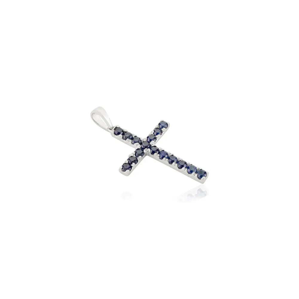 Round Cut Blue Sapphire Cross Pendant For Unisex Religious Jewelry Real K14 White Gold
