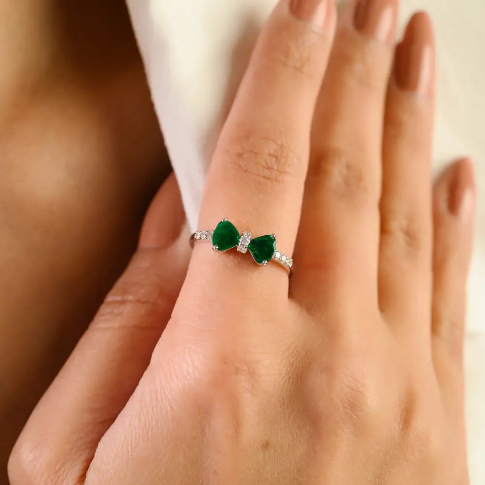 Unique Design 14K Real White Gold Trillion Cut Emerald & Round Diamond Bow Ring For Women