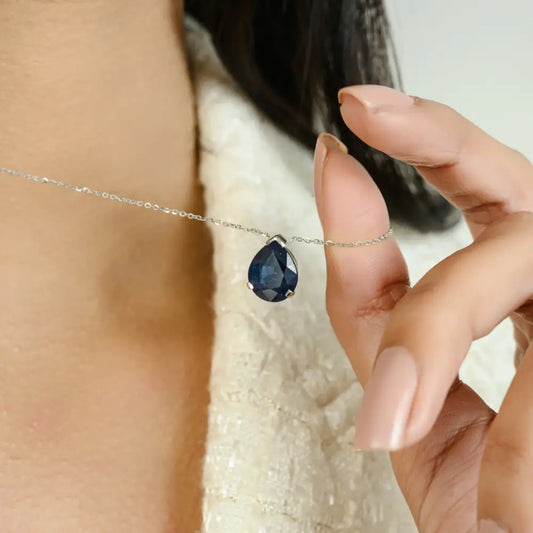 Real K18 White Gold Pear Shape Blue Sapphire Single Stone Pendant Necklace Fine Jewelry