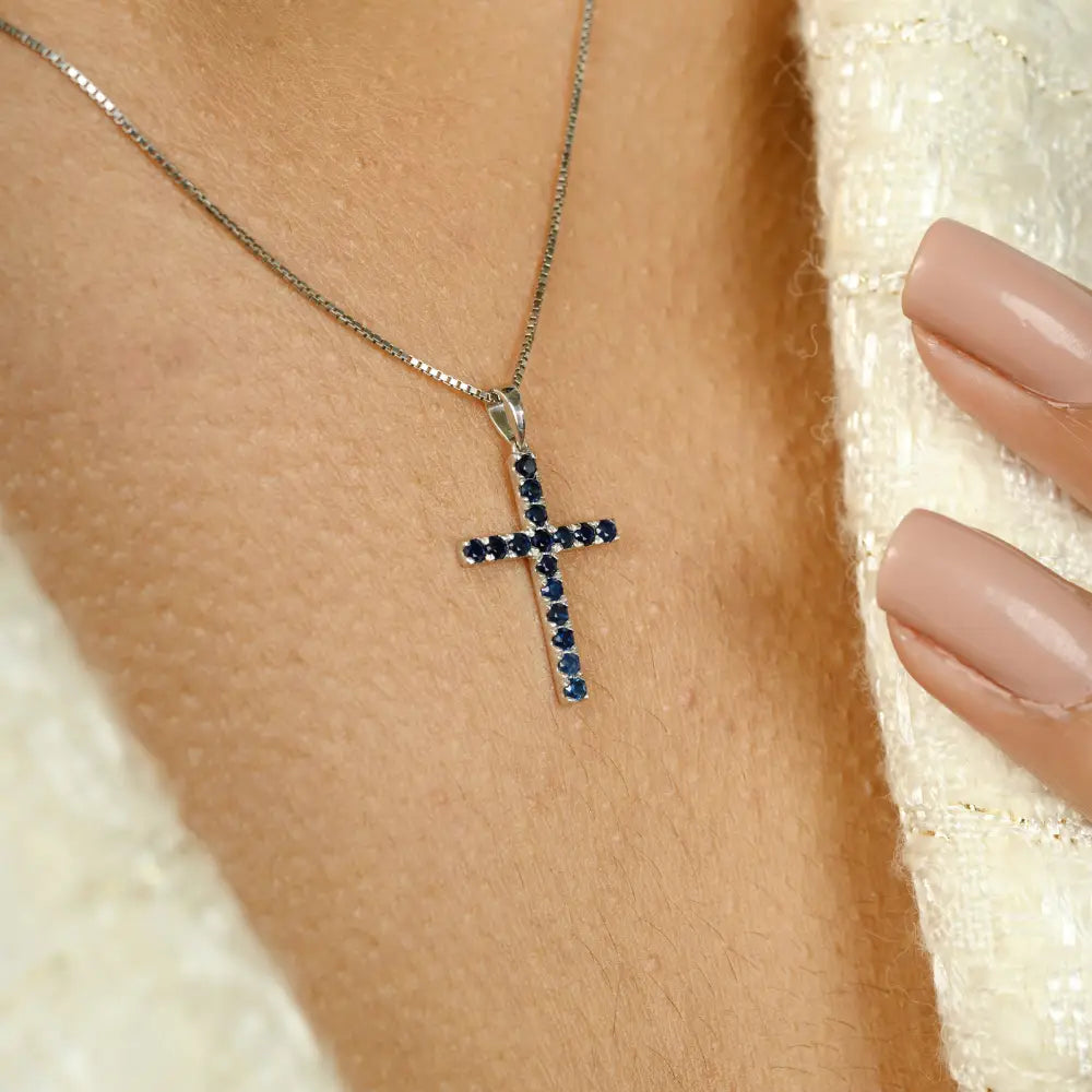 Round Cut Blue Sapphire Cross Pendant For Unisex Religious Jewelry Real K14 White Gold