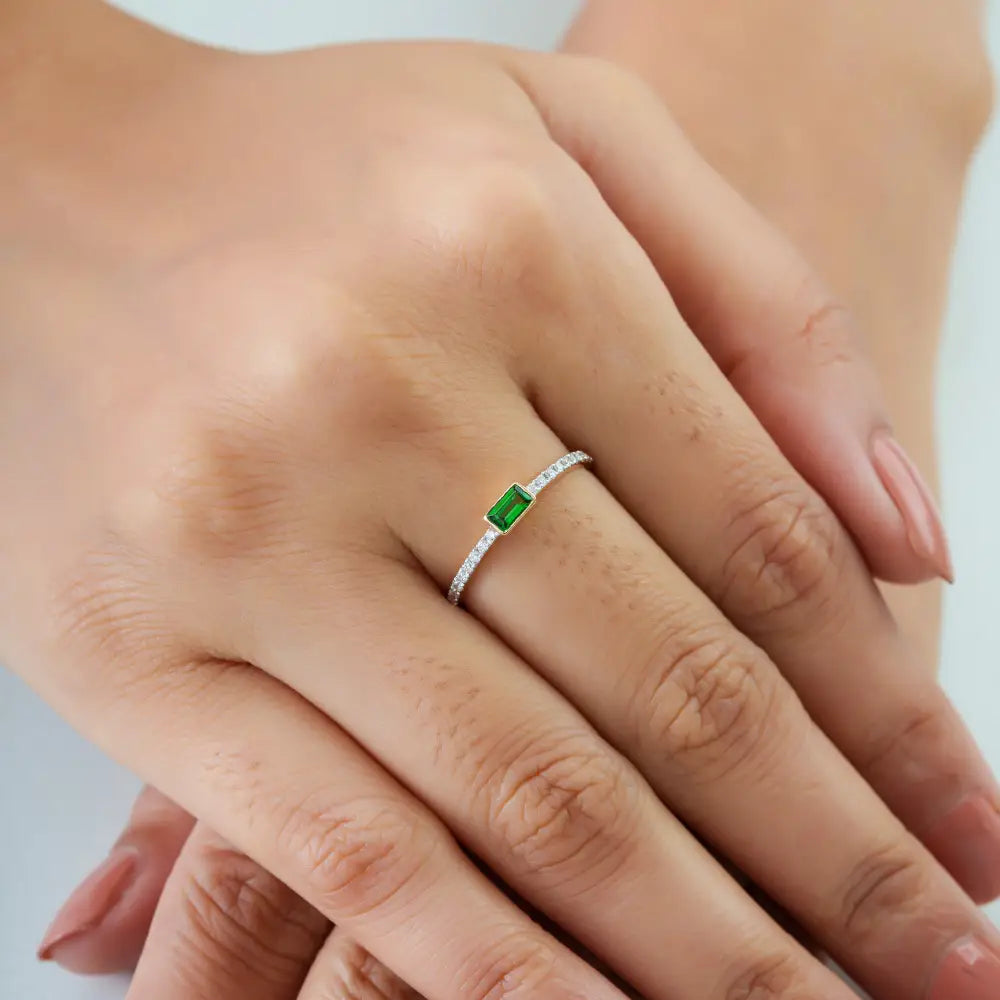 Real 14K Yellow Gold Tsavorite & Diamond Minimalist Stackable Ring Light Weight Jewelry