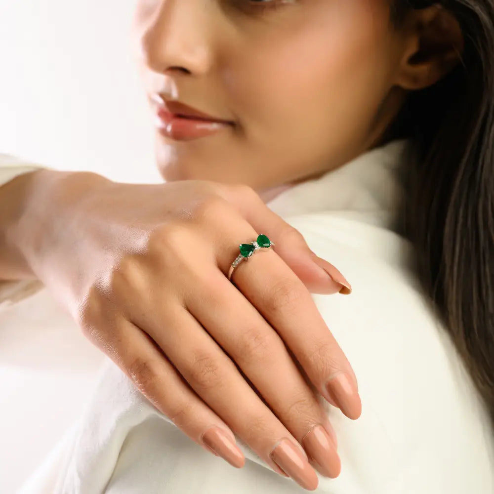 Unique Design 14K Real White Gold Trillion Cut Emerald & Round Diamond Bow Ring For Women