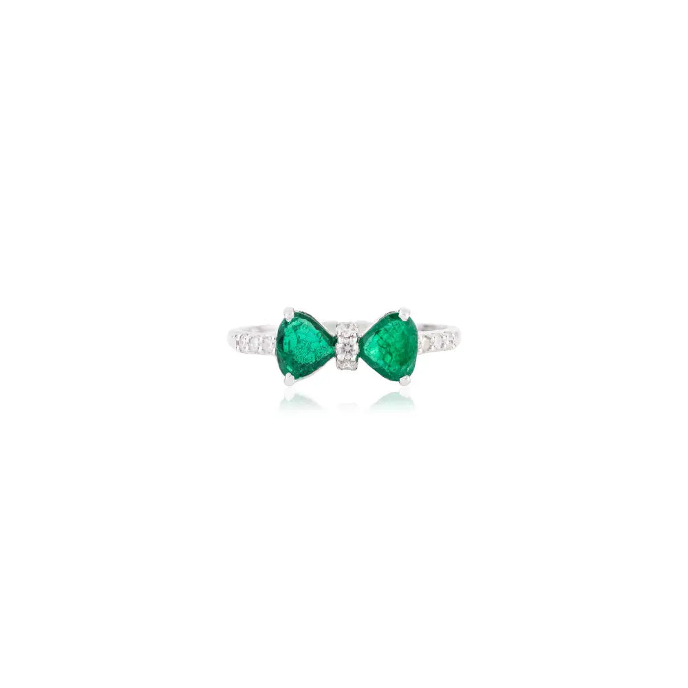 Unique Design 14K Real White Gold Trillion Cut Emerald & Round Diamond Bow Ring For Women